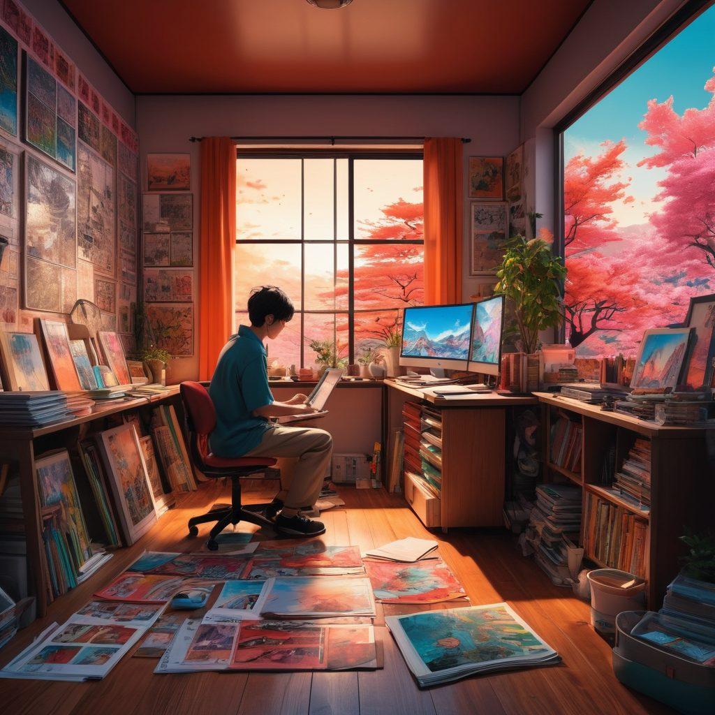 A dynamic scene capturing an artist at work, surrounded by vibrant manga panels transforming into animated scenes on a film strip, merging traditional hand-drawn elements with modern digital screens. Include a blend of iconic anime characters peeking into the creative process, symbolizing the evolution from manga to screen. The background should be filled with colorful art supplies and a cozy studio atmosphere. super-realistic. vibrant colors. 3D.