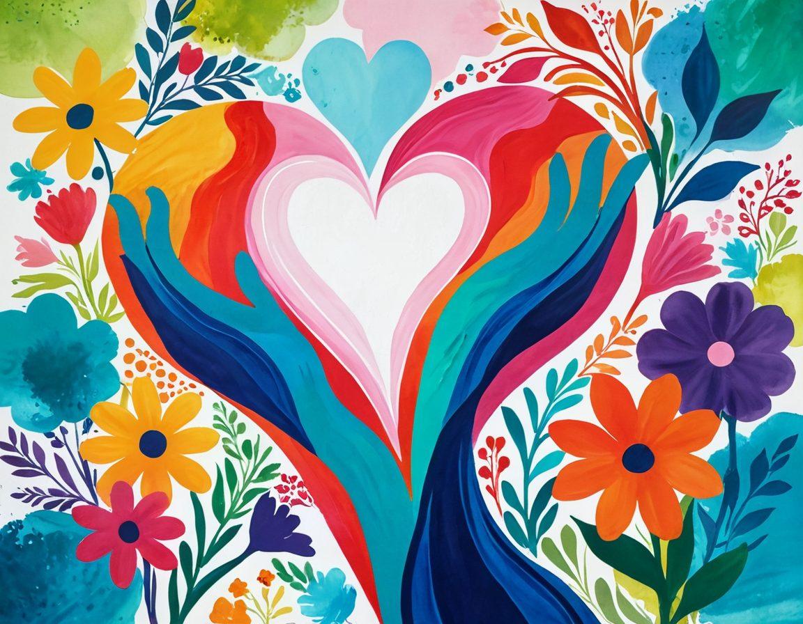 A fusion of abstract art elements representing sexual wellness, with soft shapes and vibrant colors symbolizing comfort and understanding. Include subtle images of diverse characters engaged in consensual and positive interactions in a playful and respectful manner. Incorporate elements like hearts and flowers to evoke feelings of love and acceptance. The background should be light and airy, creating a safe space for exploration. painting. vibrant colors.